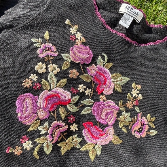 Vtg All Points by Reference Point Knit Sweater Size XL Black Floral Embroidered - Picture 6 of 10